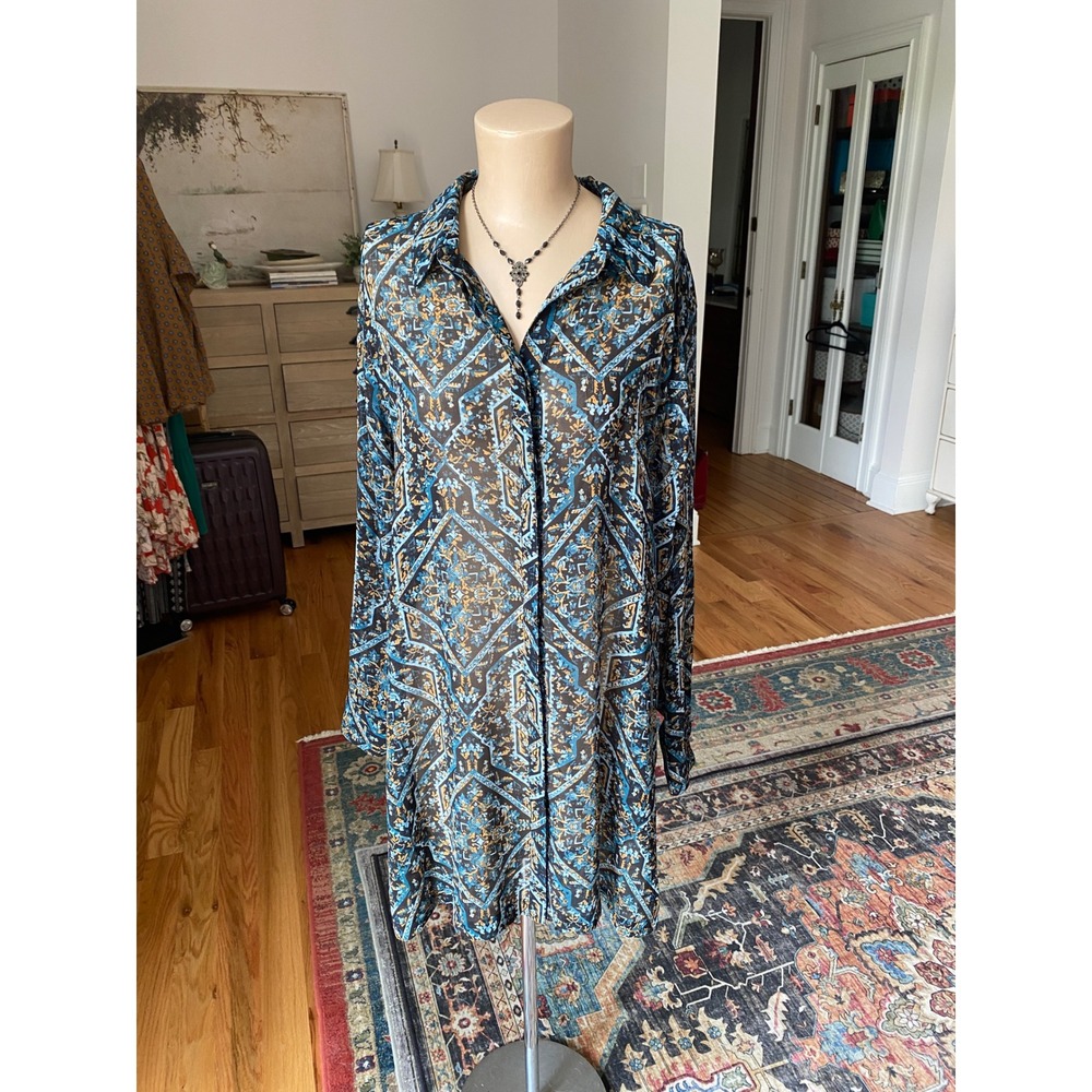 Chicos Blue Gold Geometric Tile Print Sheer Button Down Tunic Shirt Size 3 XL‎